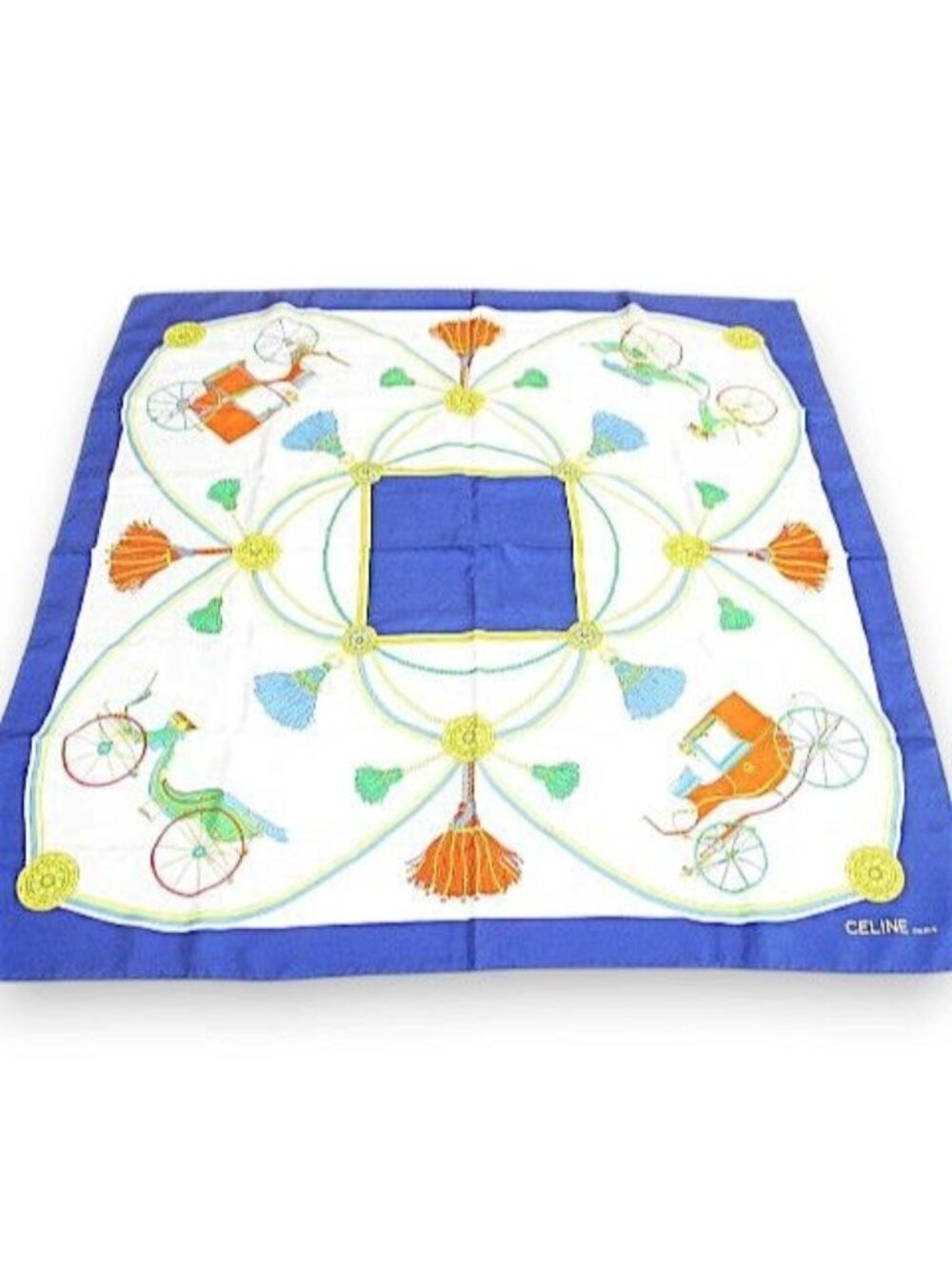 Celine Large Scarf Carriage Pattern Tassel Blue Logo Letters